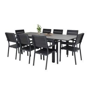 VENTURE DESIGN Levels havesæt m. bord m. udtræk og 8 stole m. armlæn - grå/sort aintwood/sort alu