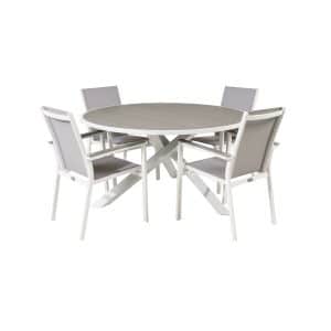 VENTURE DESIGN Parma havesæt, m. bord (Ø140) og 4 stole m. armlæn - hvid alu/grå textilene/aintwood
