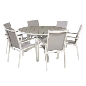 VENTURE DESIGN Parma havesæt, m. bord (Ø140) og 6 stole m. armlæn - hvid alu/grå textilene/aintwood