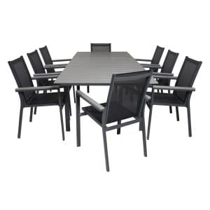 VENTURE DESIGN havesæt m Levels bord m udtræk + 8 Parma stole m armlæn - grå aintwood/sort textilene