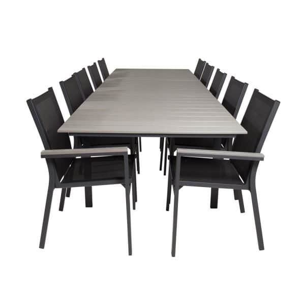 VENTURE DESIGN havesæt m Levels bord m udtræk og 10 Parma stole m armlæn - grå aintwood/sort textile