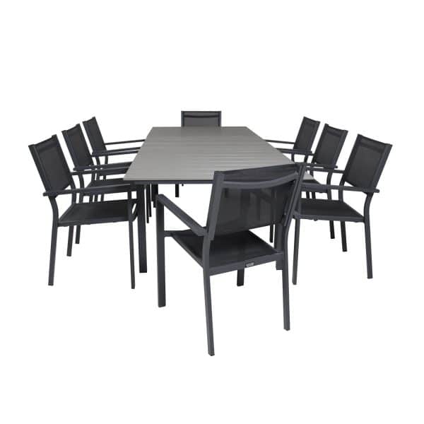 VENTURE DESIGN havesæt m Levels bord m udtræk og 8 Copacabana stole m armlæn - grå aintwood/sort alu
