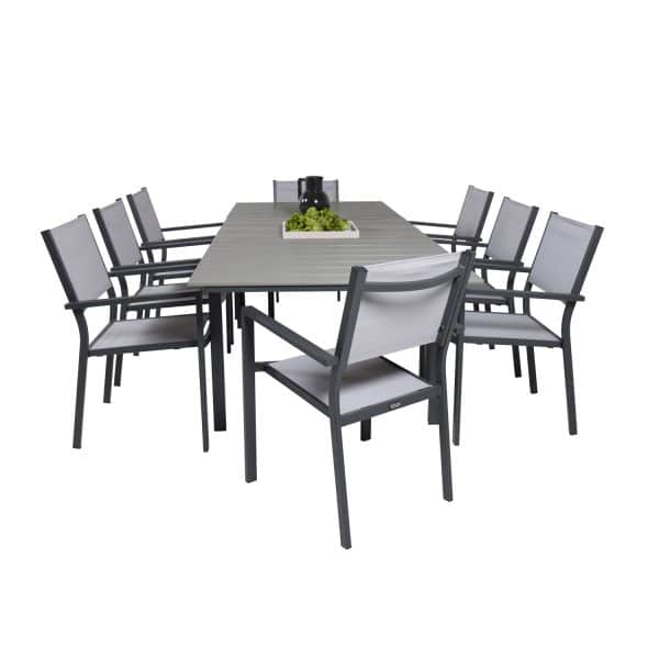 VENTURE DESIGN havesæt m Levels bord m udtræk og 8 Copacabana stole m armlæn - grå aintwood/textilen