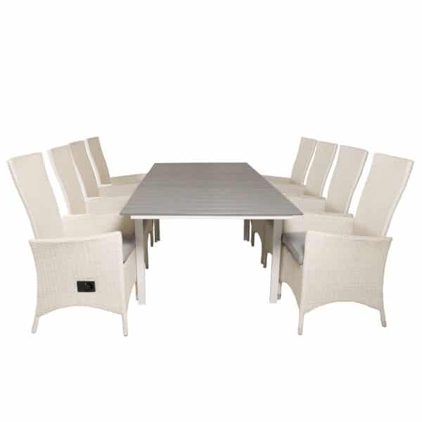 VENTURE DESIGN havesæt m Levels bord m udtræk og 8 Padova stole m recliner -hvid rattan/grå aintwood