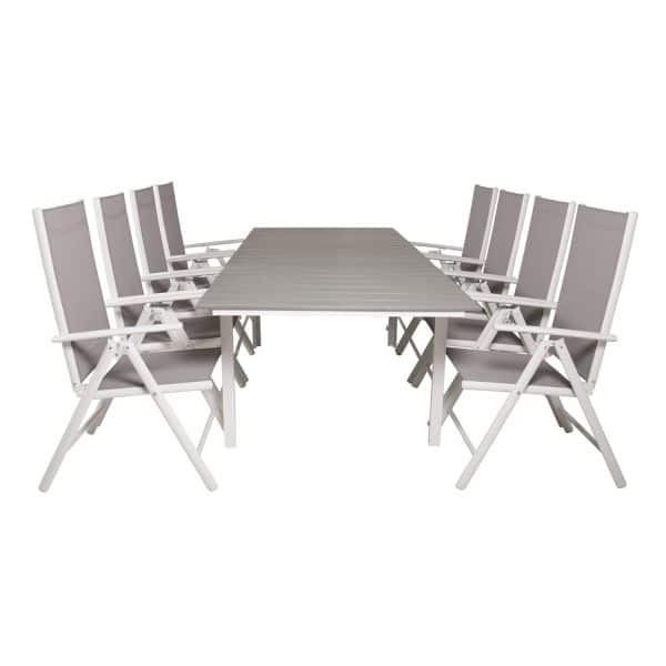 VENTURE DESIGN havesæt m Levels bord m. udtræk og 8 Break stole m. recliner - grå aintwood/textilene