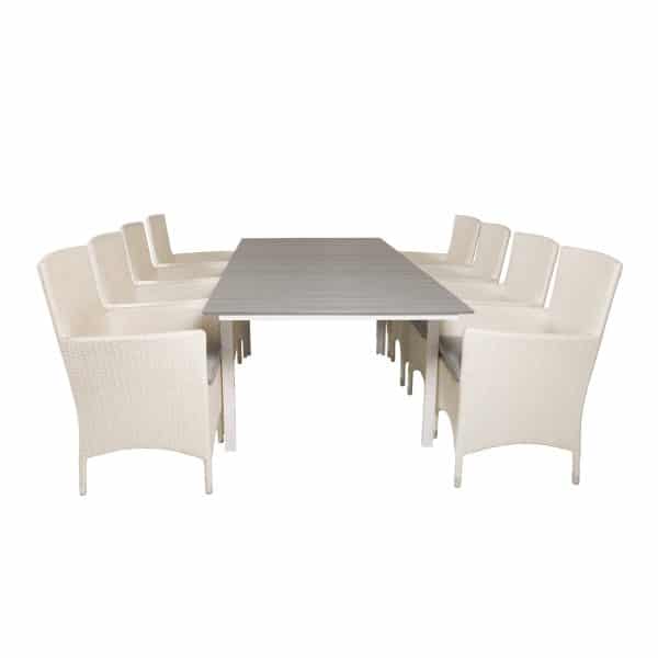 VENTURE DESIGN havesæt m Levels bord m. udtræk og 8 Malin stole m. armlæn - hvid rattan/grå aintwood