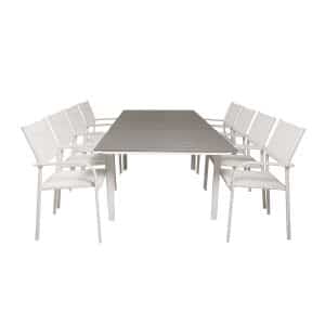 VENTURE DESIGN havesæt m Levels bord m. udtræk og 8 Santorini stole m armlæn - grå aintwood/hvid alu