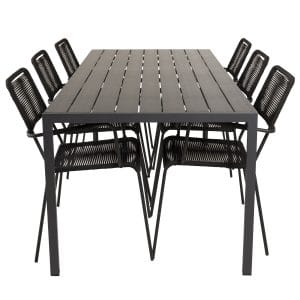 VENTURE DESIGN havesæt, m. Break bord (205x90) og 6 Lindos stole, m. armlæn - aintwood/alu/reb