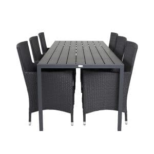 VENTURE DESIGN havesæt, m. Break bord (205x90) og 6 Malin stole, m. armlæn - aintwood/alu//flet