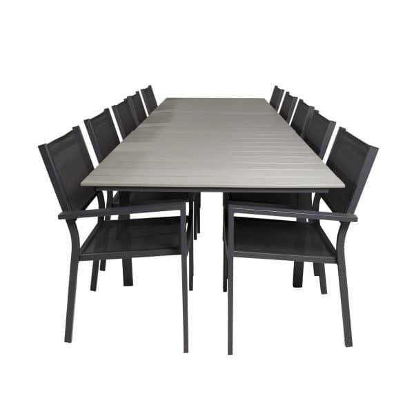 VENTURE DESIGN havesæt m. Levels bord m. udtræk og 10 Copacabana stole m. armlæn - grå aintwood/sort