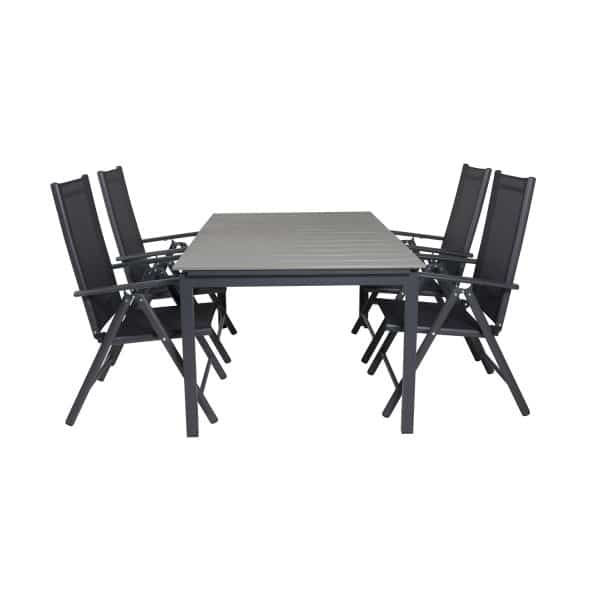 VENTURE DESIGN havesæt m. Levels bord m. udtræk og 4 Break recliner stole - grå aintwood/sort textil