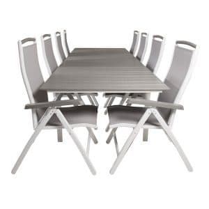 VENTURE DESIGN havesæt m. Levels bord m. udtræk og 8 Albany stole m. recliner - grå aintwood/textile