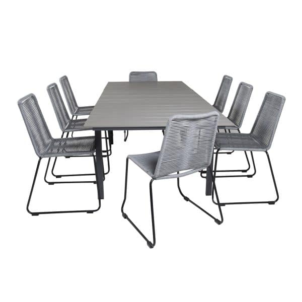 VENTURE DESIGN havesæt m. Levels bord m. udtræk og 8 Lindos stole - grå aintwood/reb/sort alu