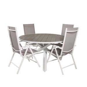 VENTURE DESIGN havesæt m. Parma bord (Ø140) og 4 Break stole m. recliner - hvid alu/grå textilene