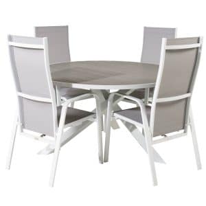 VENTURE DESIGN havesæt m. Parma bord (Ø140) og 4 Copacabana stole m. recliner - hvid alu/grå textile