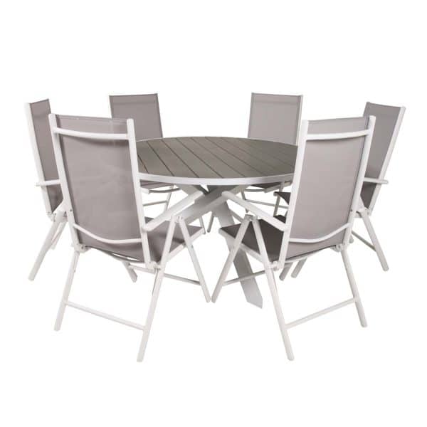 VENTURE DESIGN havesæt m. Parma bord (Ø140) og 6 Break stole m. recliner - hvid alu/grå textilene