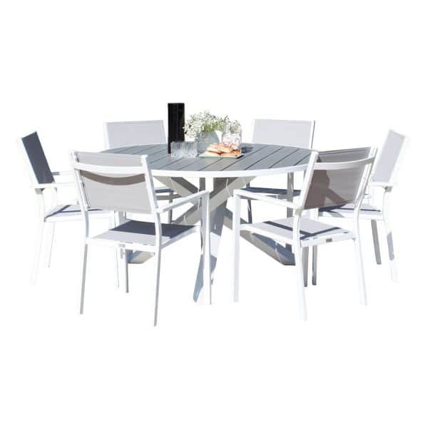 VENTURE DESIGN havesæt m. Parma bord (Ø140) og 6 Copacabana stole m. armlæn - grå aintwood/textilene