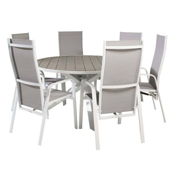 VENTURE DESIGN havesæt m. Parma bord (Ø140) og 6 Copacabana stole m. recliner - hvid alu/grå textile