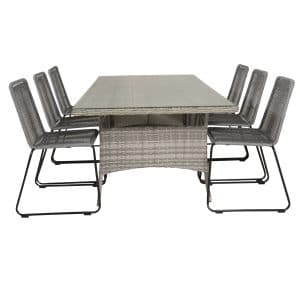 VENTURE DESIGN havesæt, m. Vikelund bord (200x100) og 6 Lindos stole - glas/flet/reb/stål