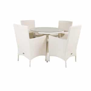 VENTURE DESIGN havesæt m. Volta bord (Ø 90) og 4 Malin stole m. armlæn og hynde - hvid rattan/glas