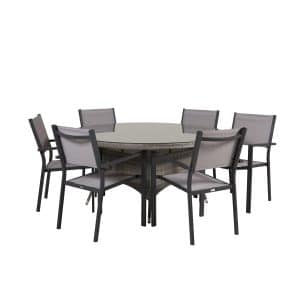 VENTURE DESIGN havesæt m. Volta bord (Ø150) og 6 Copacabana stole m. armlæn - grå rattan/textilene
