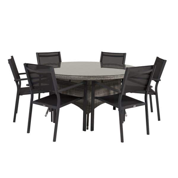 VENTURE DESIGN havesæt m. Volta bord (Ø150) og 6 Copacabana stole m. armlæn - sort textil/grå rattan