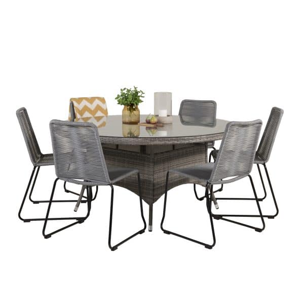 VENTURE DESIGN havesæt m. Volta bord (Ø150) og 6 Lindos stole - grå rattan/reb, sort alu og glas