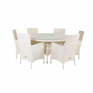 VENTURE DESIGN havesæt m. Volta bord (Ø150) og 6 Malin stole m. armlæn og hynde - hvid rattan/glas