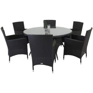 VENTURE DESIGN havesæt m. Volta bord (Ø150) og 6 Malin stole m. armlæn og hynde - sort rattan/glas