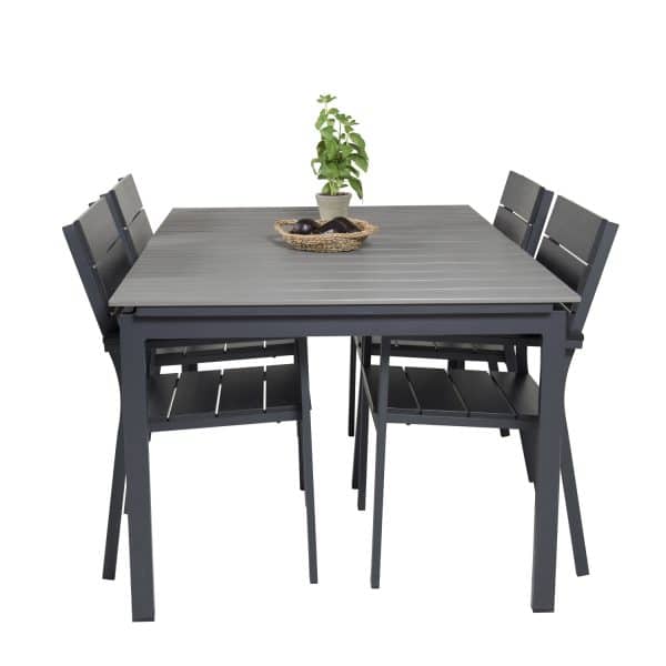 VENTURE DESIGN Levels havesæt m. bord m. udtræk og 4 stole m. armlæn - grå/sort aintwood og sort alu