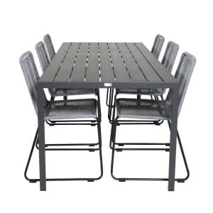 VENTURE DESIGN havesæt, m. Break bord (205x90) og 6 Lindos stole - aintwood/alu/reb/stål