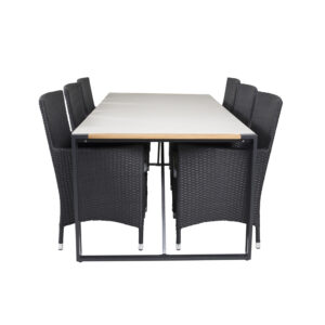VENTURE DESIGN havesæt, m. Texas bord (200x100) og 6 Malin stole, m. armlæn - teak/alu/flet
