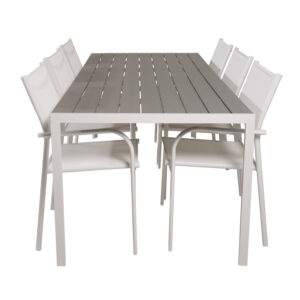 VENTURE DESIGN havesæt, m. Break bord (205x90) og 6 Santorini stole, m. armlæn - aintwood/alu
