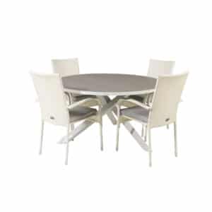 VENTURE DESIGN havesæt m. Parma bord (Ø140) og 4 Anna stole m. armlæn - hvid alu/rattan/grå aintwood