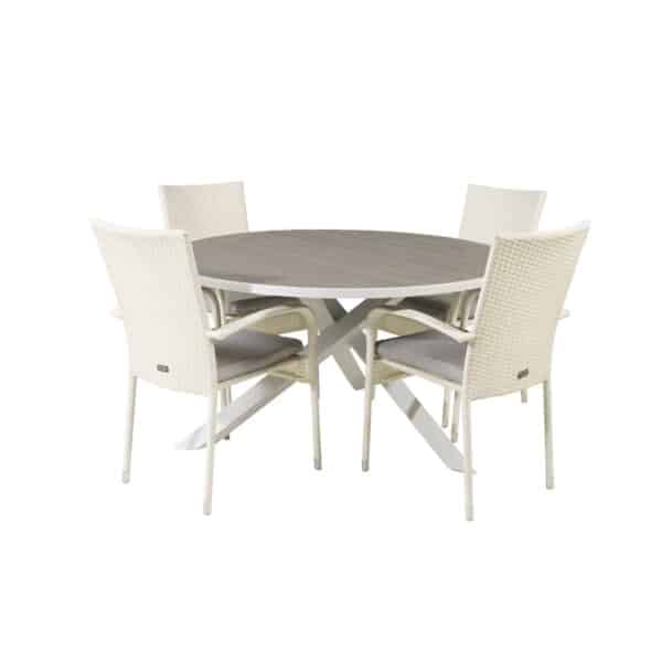 VENTURE DESIGN havesæt m. Parma bord (Ø140) og 4 Anna stole m. armlæn - hvid alu/rattan/grå aintwood