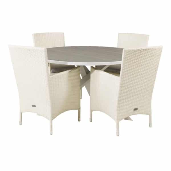 VENTURE DESIGN havesæt m. Parma bord (Ø140) og 4 Malin stole m. armlæn - hvid rattan/grå aintwood