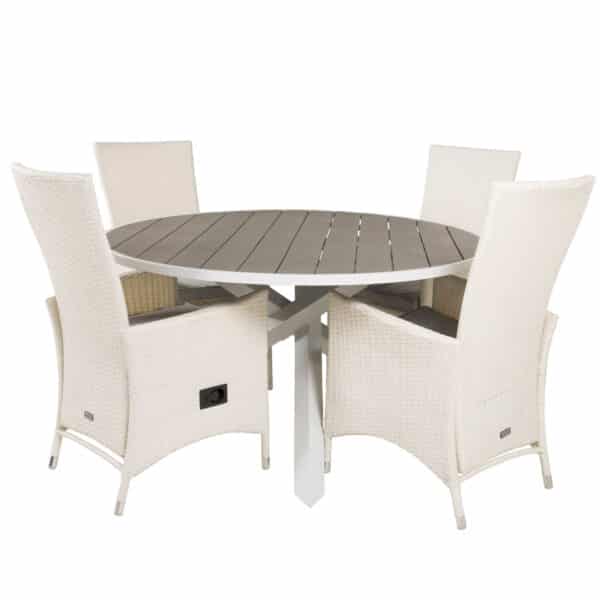 VENTURE DESIGN havesæt m. Parma bord (Ø140) og 4 Padova stole m recliner - hvid rattan/grå aintwood