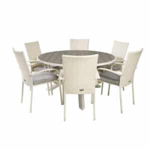 VENTURE DESIGN havesæt m. Parma bord (Ø140) og 6 Anna stole m. armlæn - hvid rattan/alu/grå aintwood
