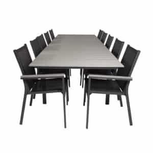 VENTURE DESIGN havesæt m Levels bord m udtræk og 10 Parma stole m armlæn - grå aintwood/sort textile