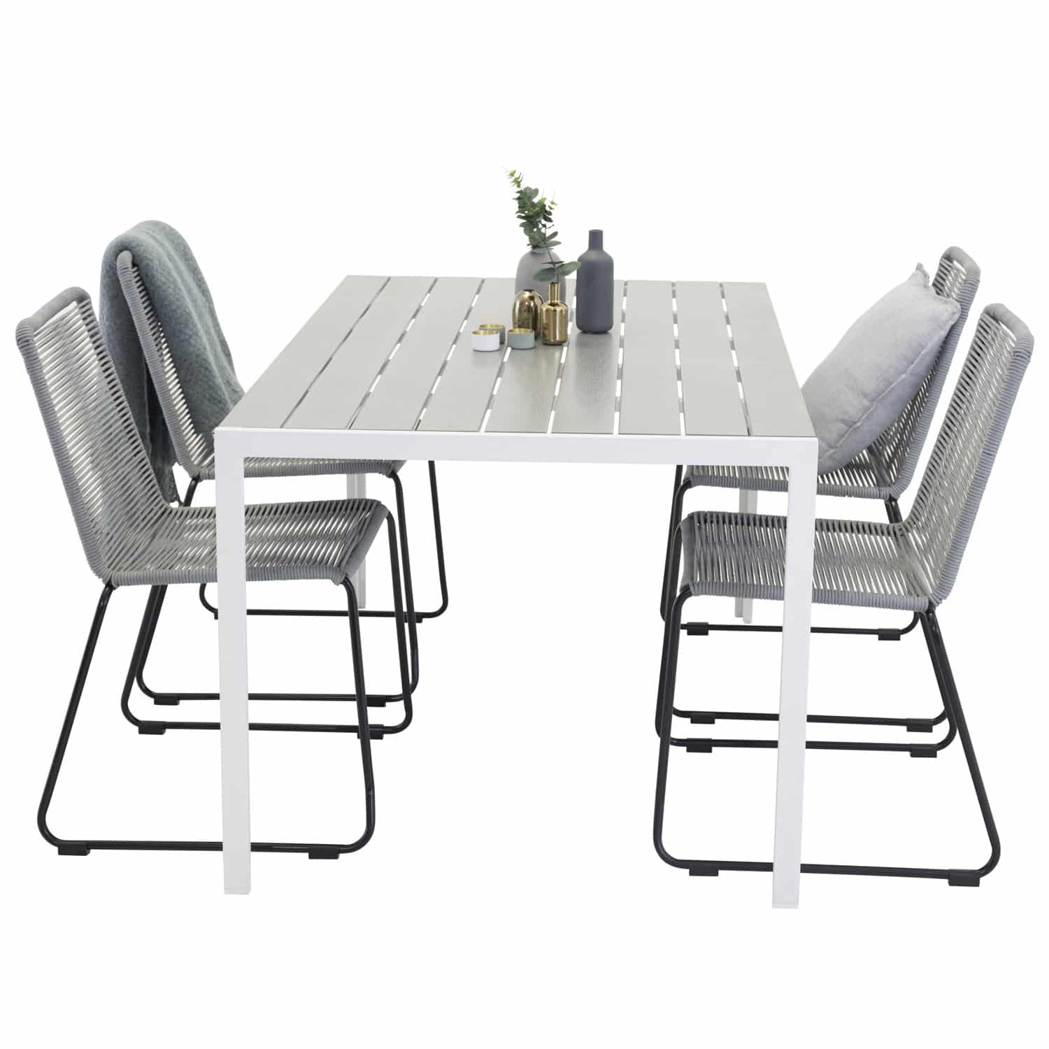 VENTURE DESIGN havesæt, m. Break bord (150x90) pg 4 Lindos stole - grå aintwood/hvid alu/grå reb