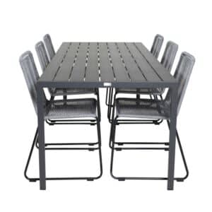 VENTURE DESIGN havesæt, m. Break bord (205x90) og 6 Lindos stole - aintwood/alu/reb/stål