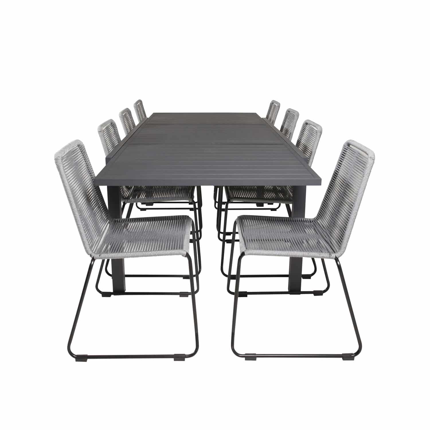 VENTURE DESIGN havesæt m. Marbella bord m. udtræk og 8 Lindos stole - gråt reb/sort alu