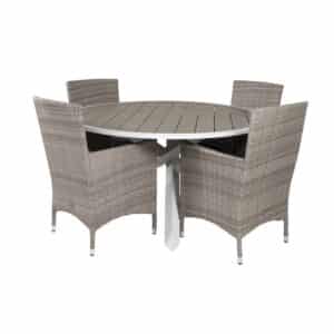 VENTURE DESIGN havesæt m. Parma bord (Ø140) og 4 Malin stole m. armlæn + hynde - grå rattan/aintwood