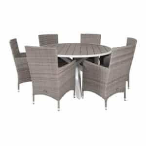 VENTURE DESIGN havesæt m. Parma bord (Ø140) og 6 Malin stole m. armlæn+hynde - grå aintwood/rattan